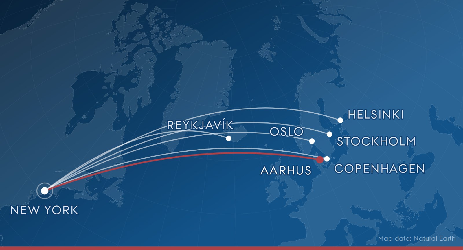 Map of arcs from New York to Reykjavík, Oslo, Stockholm, Helsinki, Copenhagen, and Aarhus